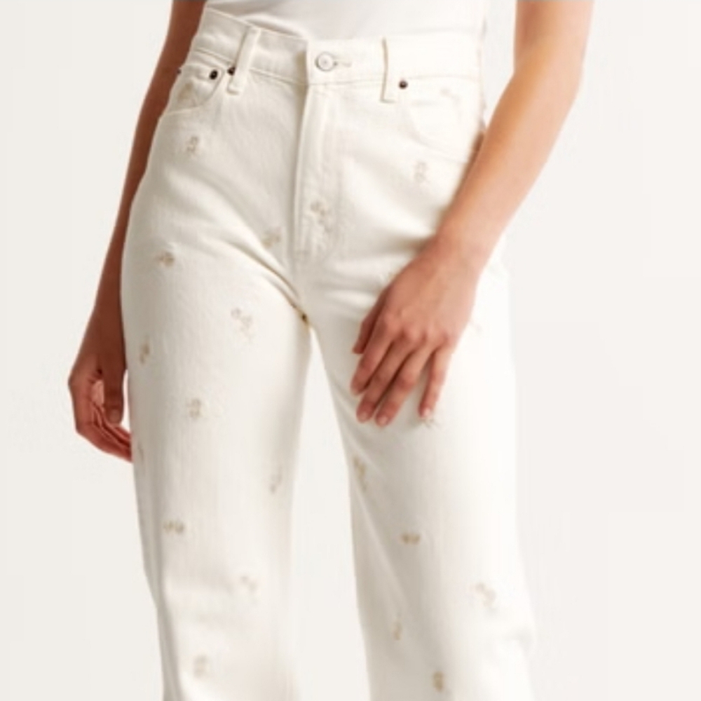 Abercrombie & Fitch Cream Straight Leg Trousers with Subtle Pattern